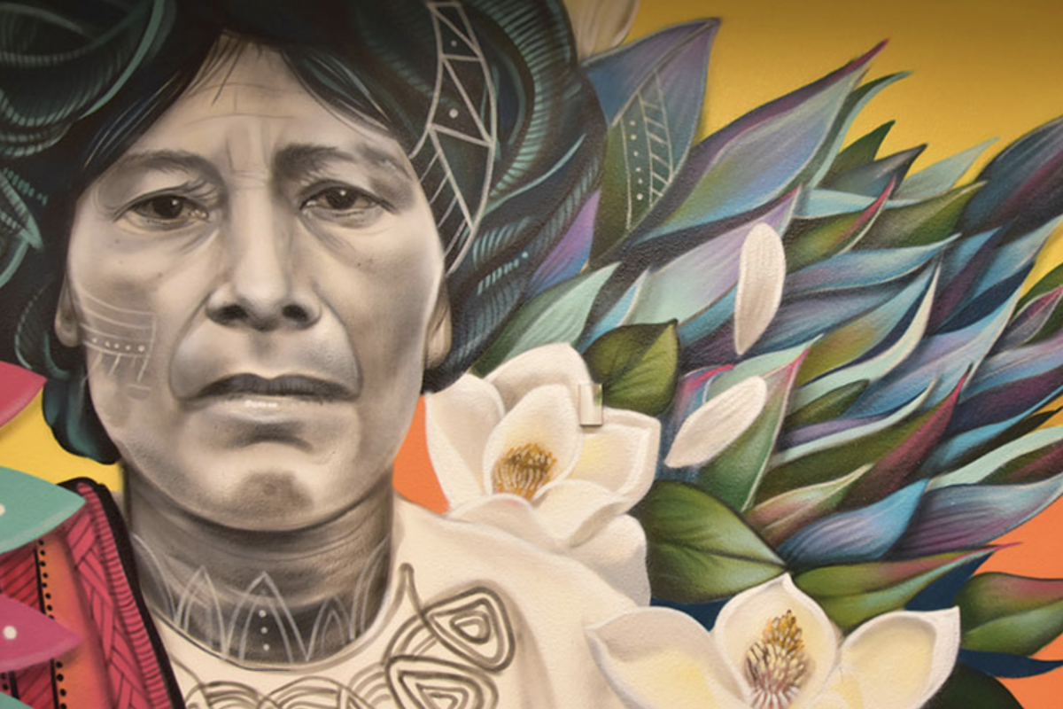 A mural by street culture artist and muralist Victor “Marka27” Quinoñez depicts an elder from Oaxaca